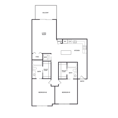 Floor plan for 2 beds, 2 baths, 970 sqft